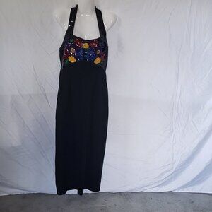 Vintage OUTLANDER Black Halter Dress w/colorful floral sequin design - M